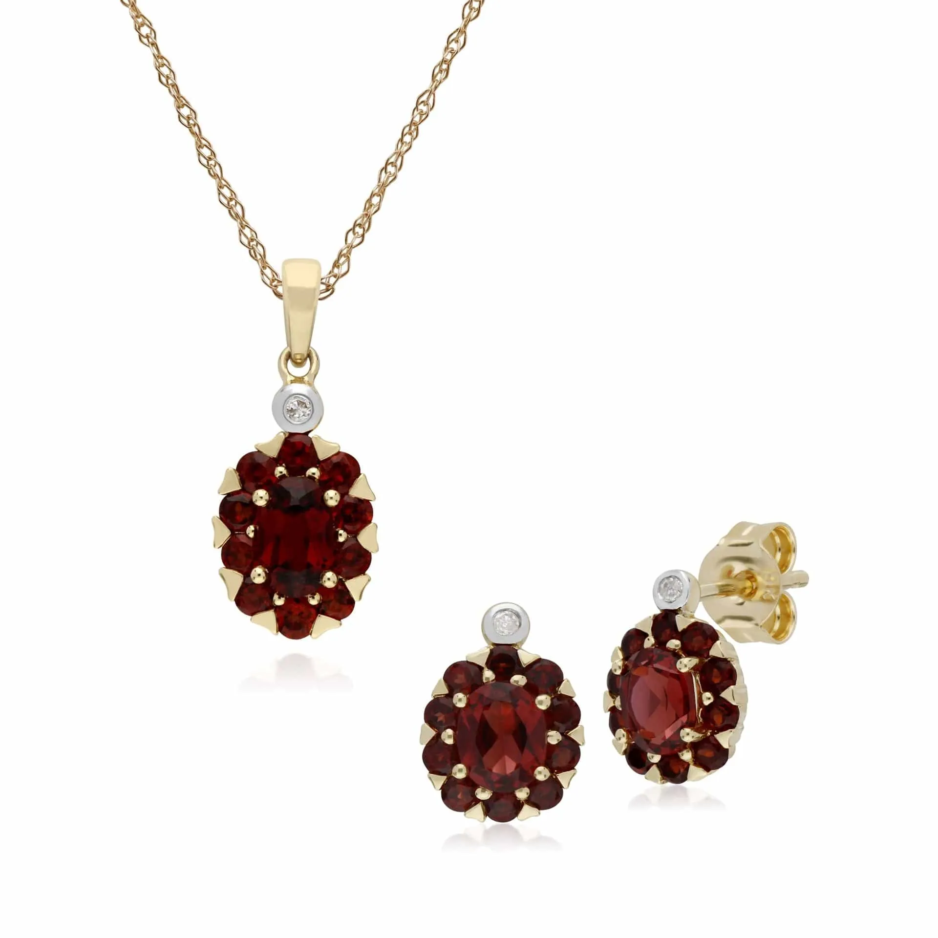 Classic Oval Garnet & Diamond Cluster Stud Earrings & Pendant Set in 9ct Yellow Gold sold by Gemondo Jewellery