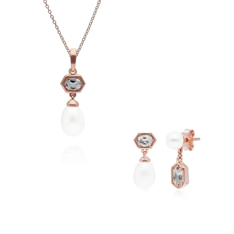 Modern Pearl & Topaz Pendant & Earring Set in Rose Gold Plated Silver sold by Gemondo Jewellery