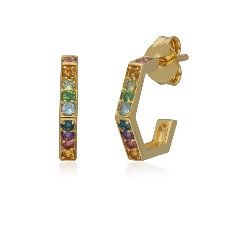 Rainbow Hexagon Hoop Earrings in Gold Plated Sterling Silver sold by Gemondo Jewellery
