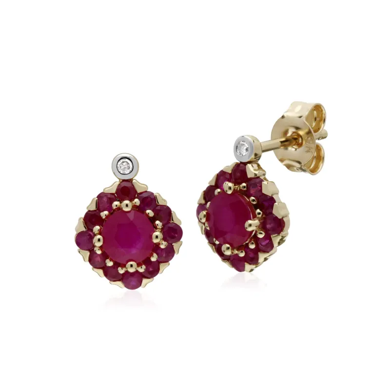 Gemondo 9ct Yellow Gold Ruby & Diamond Square Cluster Stud Earrings sold by Gemondo Jewellery