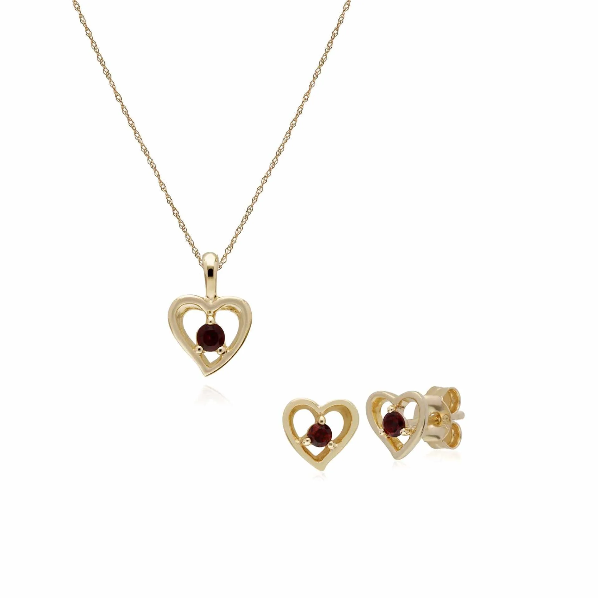 Classic Round Garnet Single Stone Heart Stud Earrings & Necklace Set in 9ct Yellow Gold sold by Gemondo Jewellery