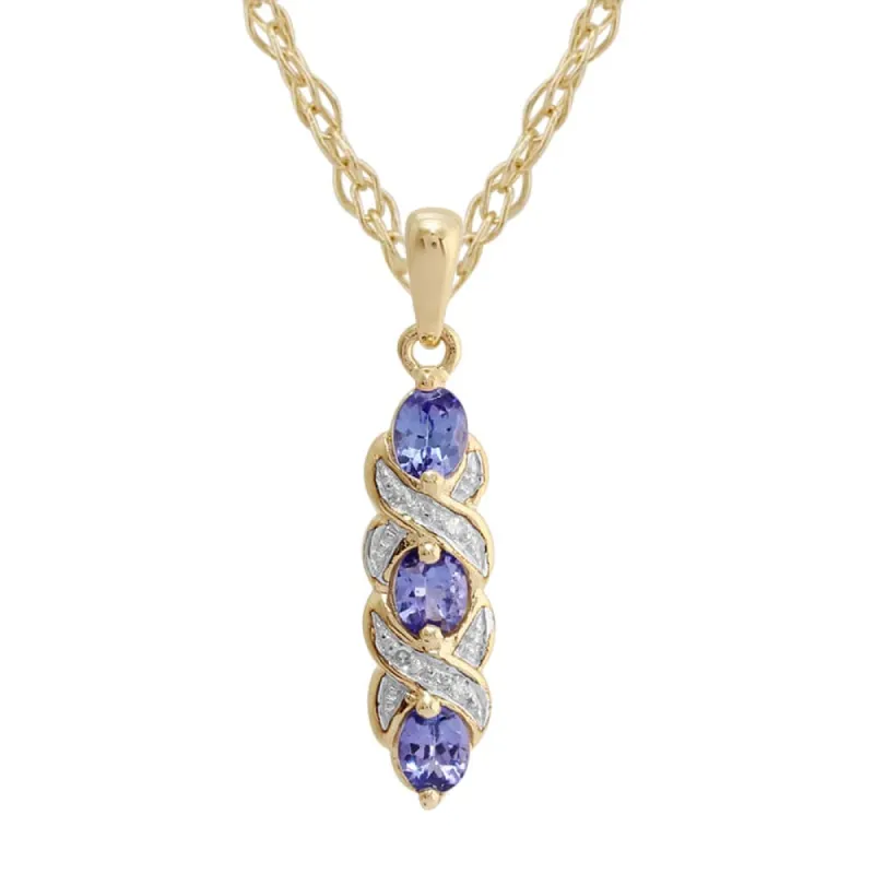 Art Nouveau Style Oval Tanzanite & Diamond Pendant in 9ct Yellow Gold sold by Gemondo Jewellery