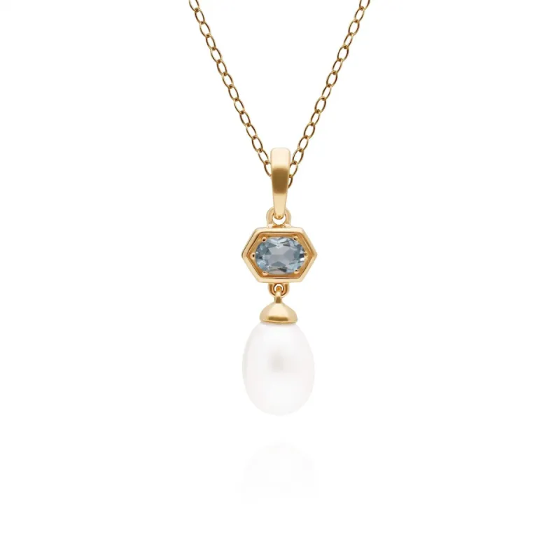 Modern Pearl & Aquamarine Hexagon Drop Pendant in Gold Plated Silver sold by Gemondo Jewellery