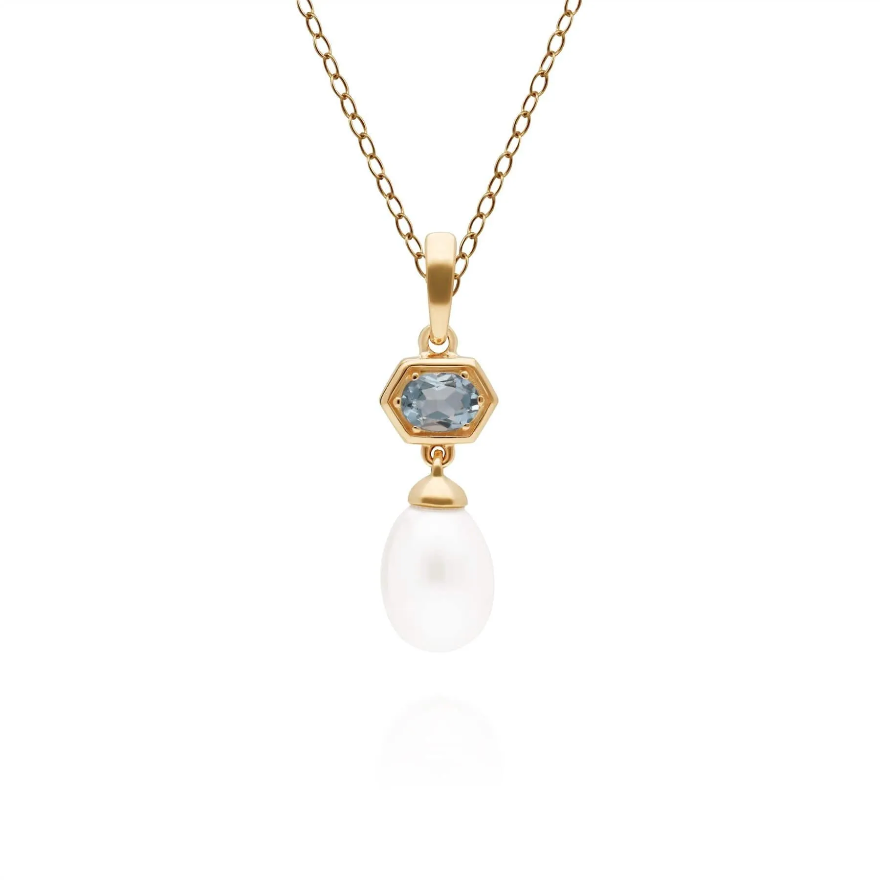 Modern Pearl & Aquamarine Hexagon Drop Pendant in Gold Plated Silver sold by Gemondo Jewellery