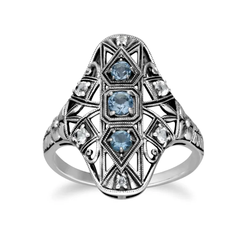 Art Nouveau Style Round Blue & White Topaz Statement Ring in 925 Sterling Silver sold by Gemondo Jewellery