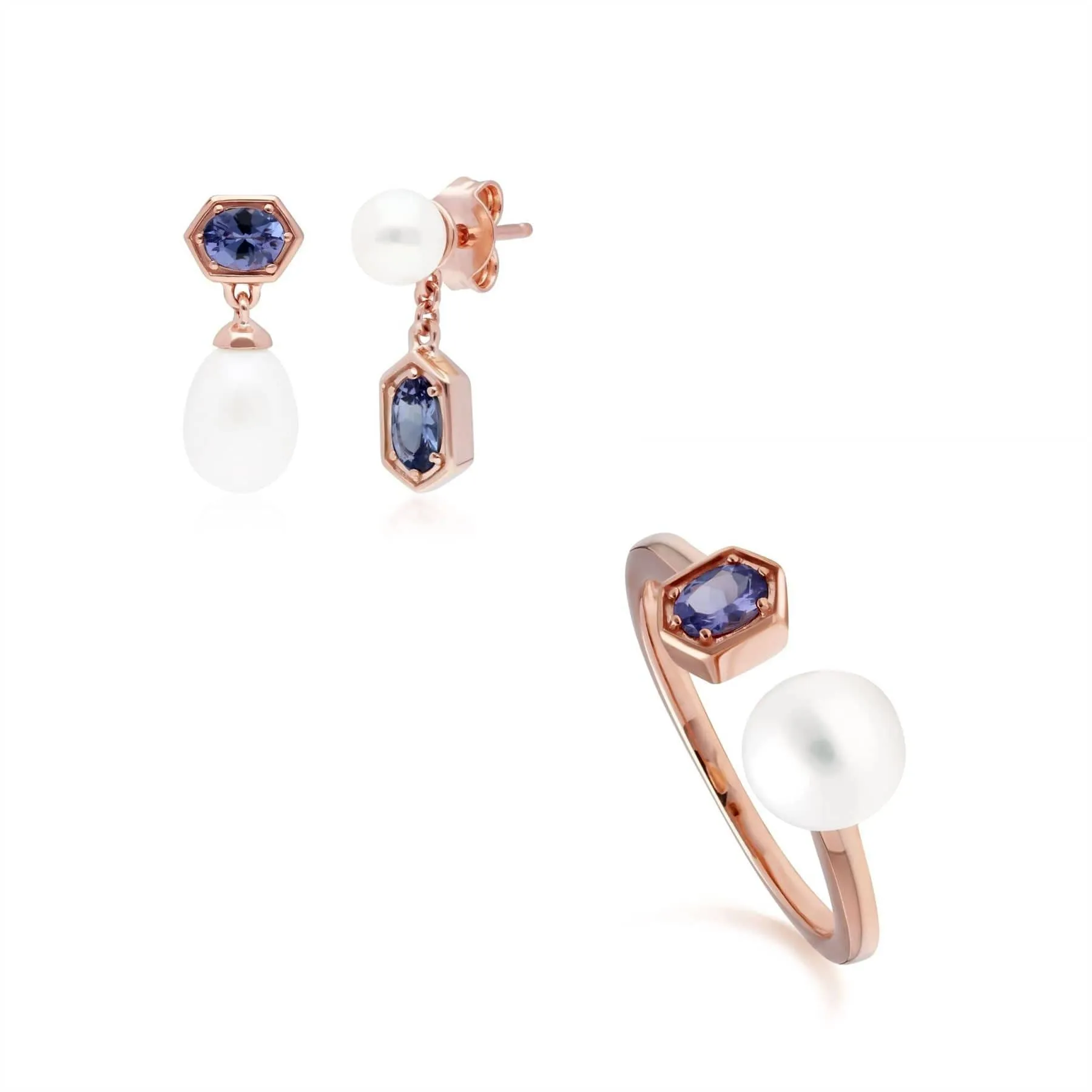 Modern Pearl & Tanzanite Earring & Ring Set in Rose Gold Plated Silver sold by Gemondo Jewellery