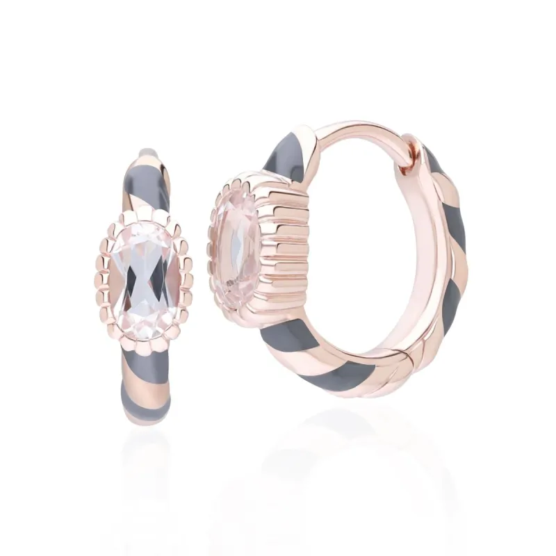 Siberian Waltz Black Enamel & Oval Topaz Hoop Earrings in Rose Gold Plated Sterling Silver sold by Gemondo Jewellery