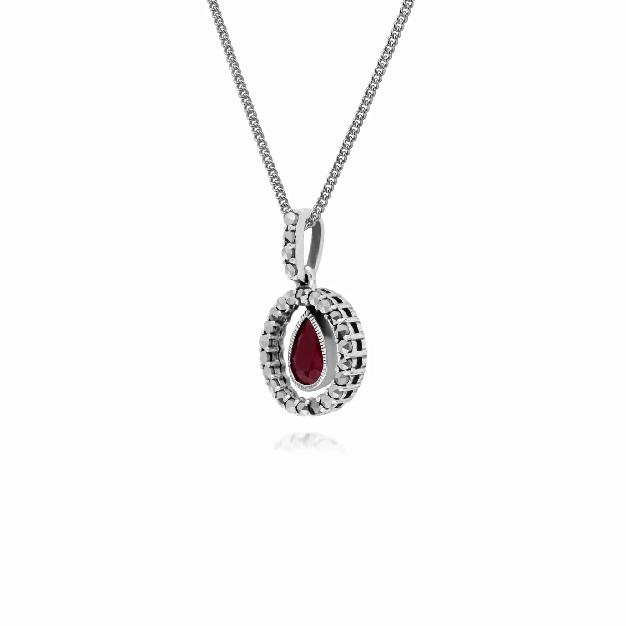 Classic Pear Ruby & Marcasite Halo Pendant in 925 Sterling Silver sold by Gemondo Jewellery product image thumbnail 2