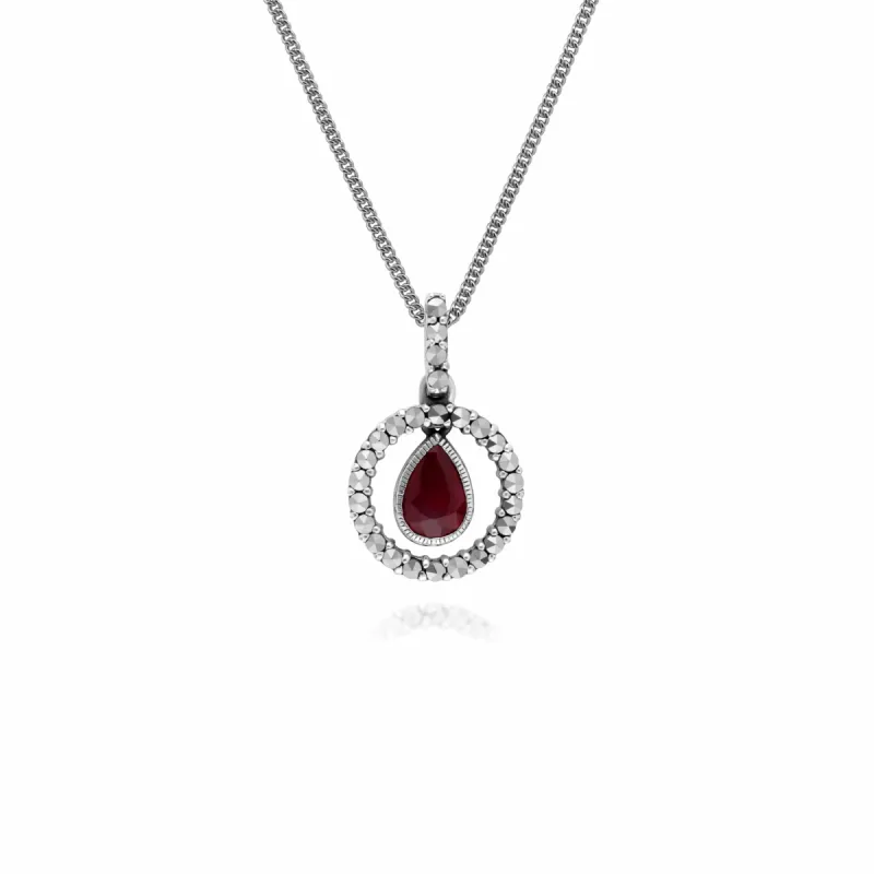 Classic Pear Ruby & Marcasite Halo Pendant in 925 Sterling Silver sold by Gemondo Jewellery