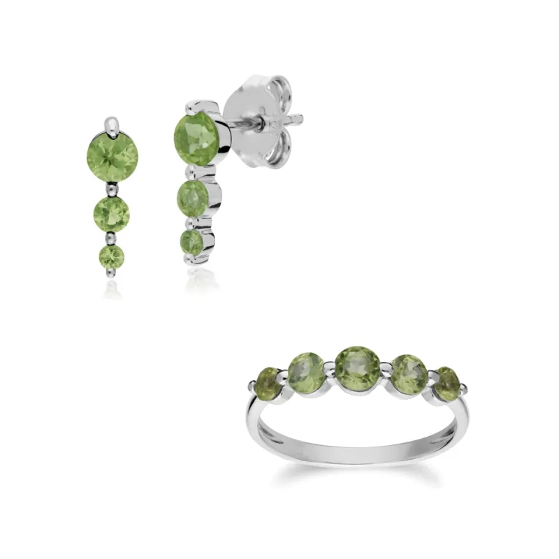 Classic Round Peridot Three Stone Gradient Earrings & Five Stone Ring Set in 925 Sterling Silver sold by Gemondo Jewellery
