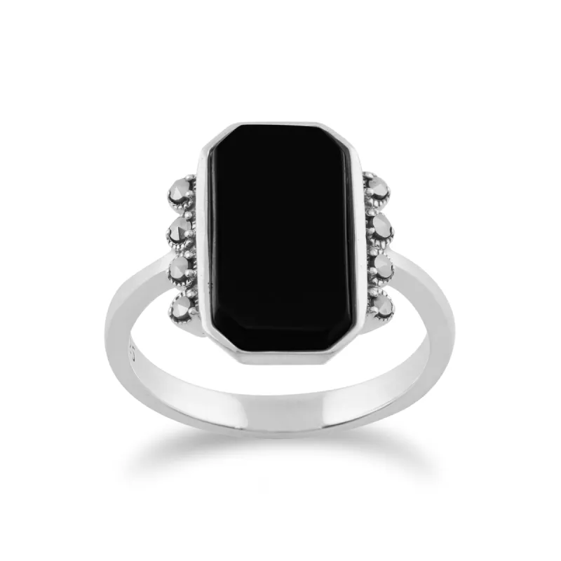 Gemondo 925 Sterling Silver 2.5ct Black Onyx & Marcasite Art Deco Ring sold by Gemondo Jewellery