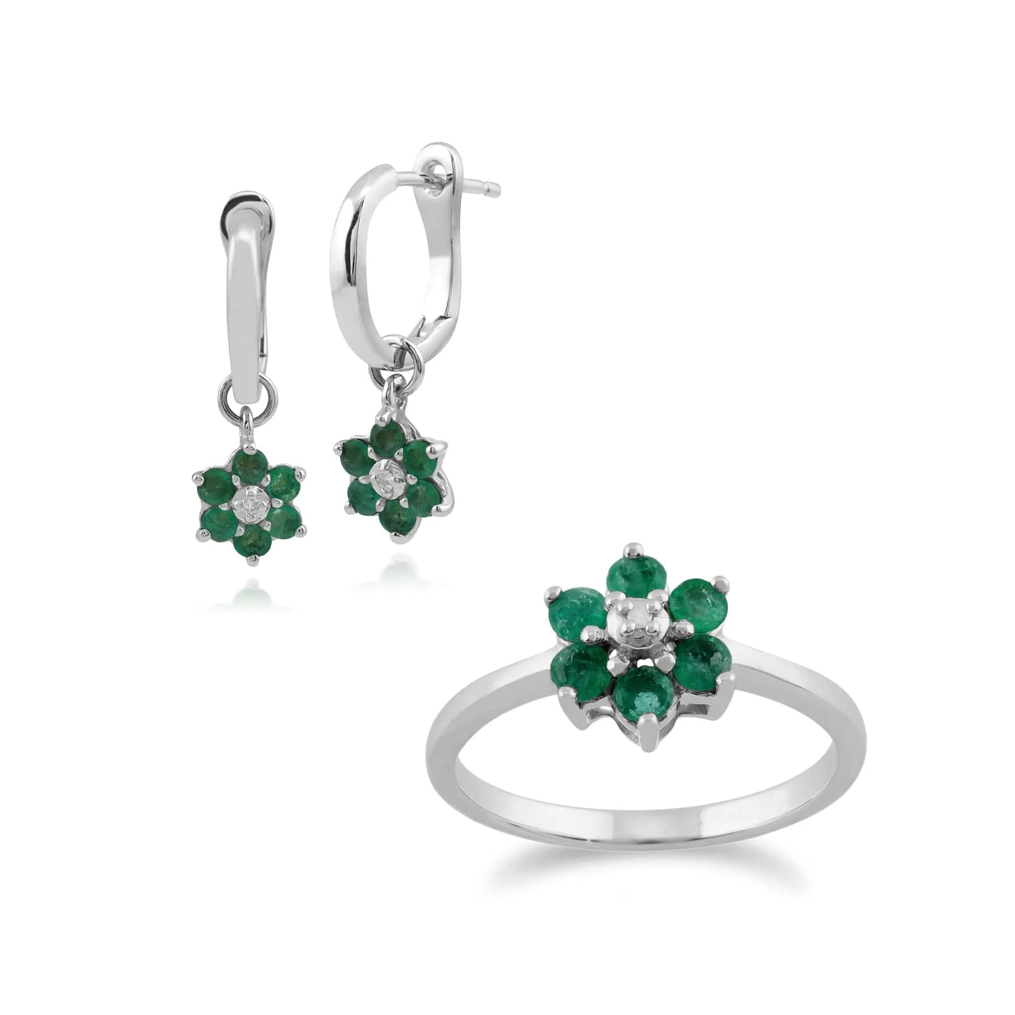 Floral Round Emerald & Diamond Drop Earrings & Ring Set in 9ct White Gold sold by Gemondo Jewellery