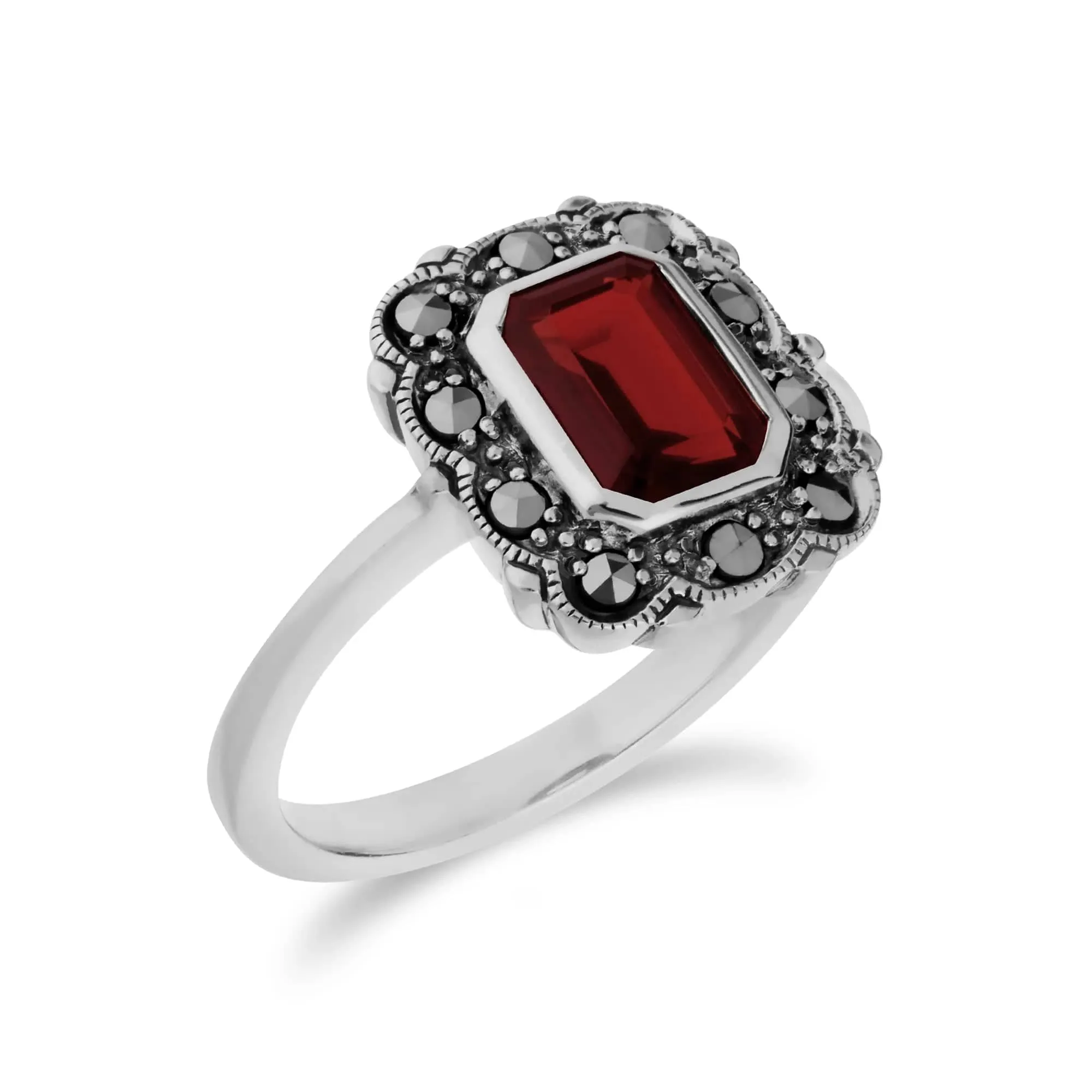 Art Nouveau Style Octagon Garnet & Marcasite Border Ring in 925 Sterling Silver sold by Gemondo Jewellery product image thumbnail 4