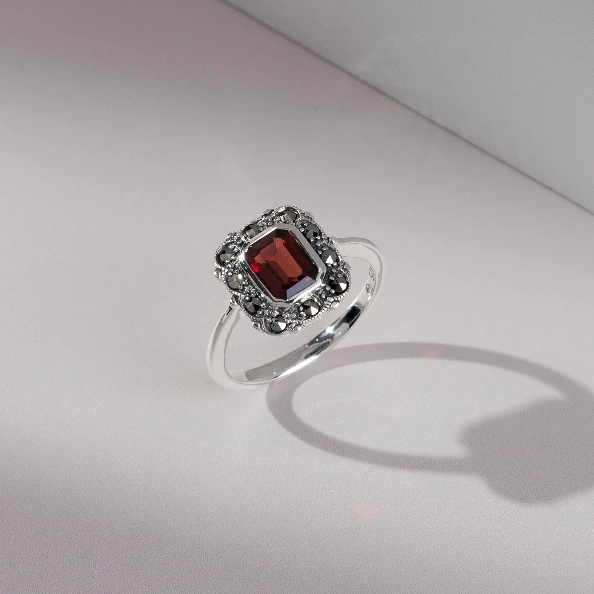 Art Nouveau Style Octagon Garnet & Marcasite Border Ring in 925 Sterling Silver sold by Gemondo Jewellery product image thumbnail 3