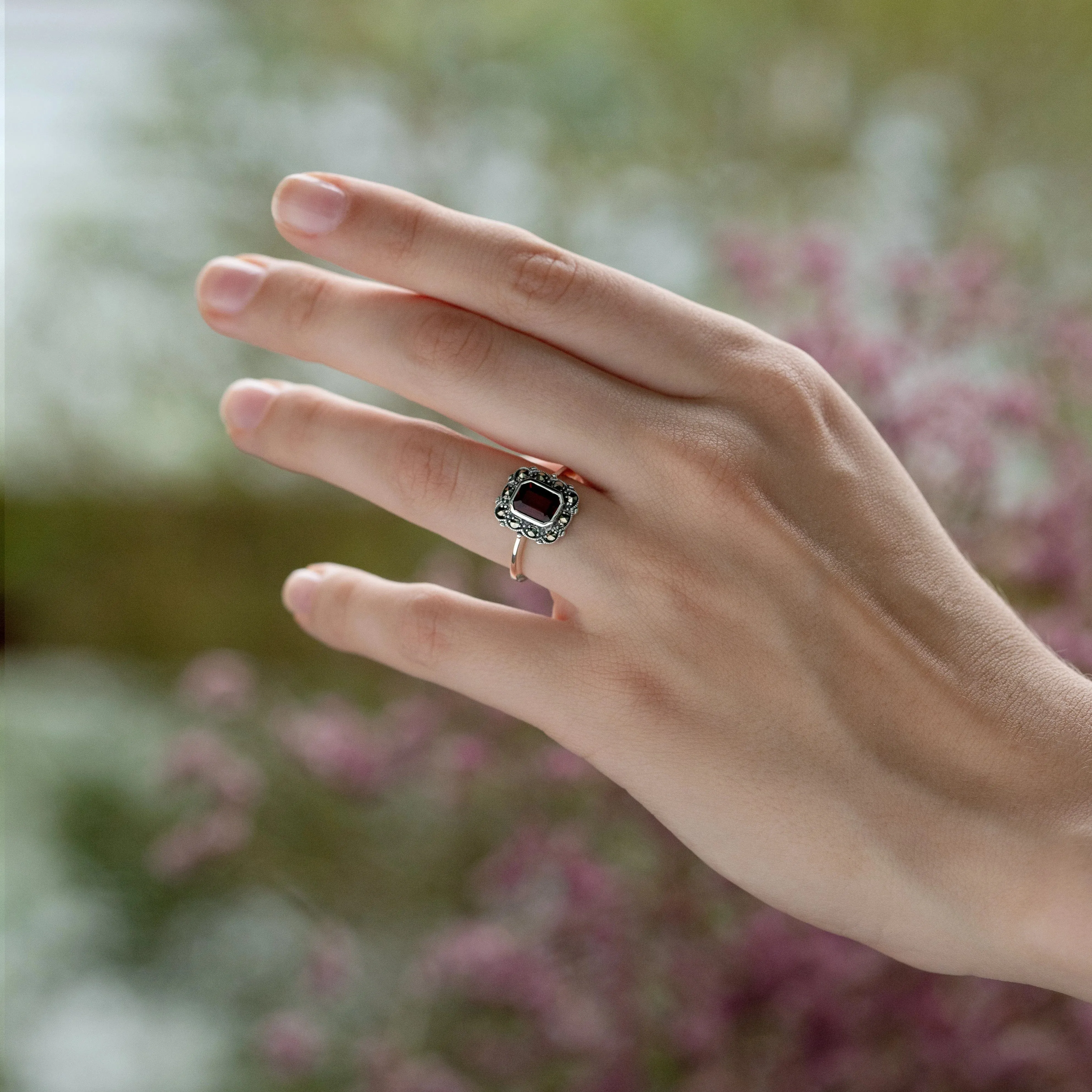 Art Nouveau Style Octagon Garnet & Marcasite Border Ring in 925 Sterling Silver sold by Gemondo Jewellery product image thumbnail 2