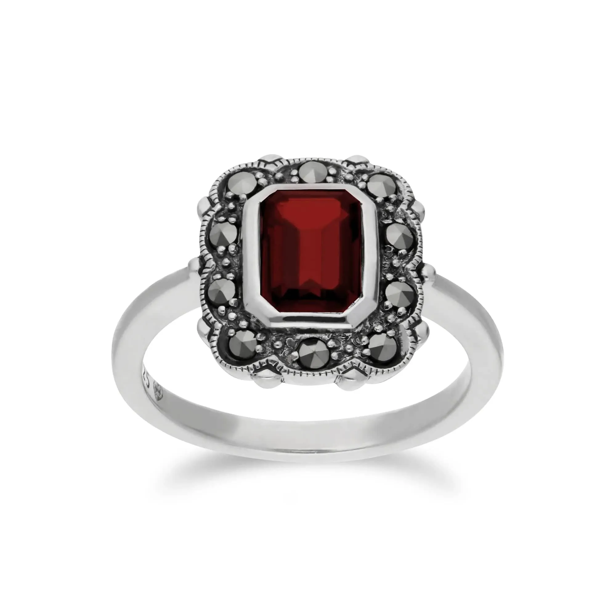 Art Nouveau Style Octagon Garnet & Marcasite Border Ring in 925 Sterling Silver sold by Gemondo Jewellery