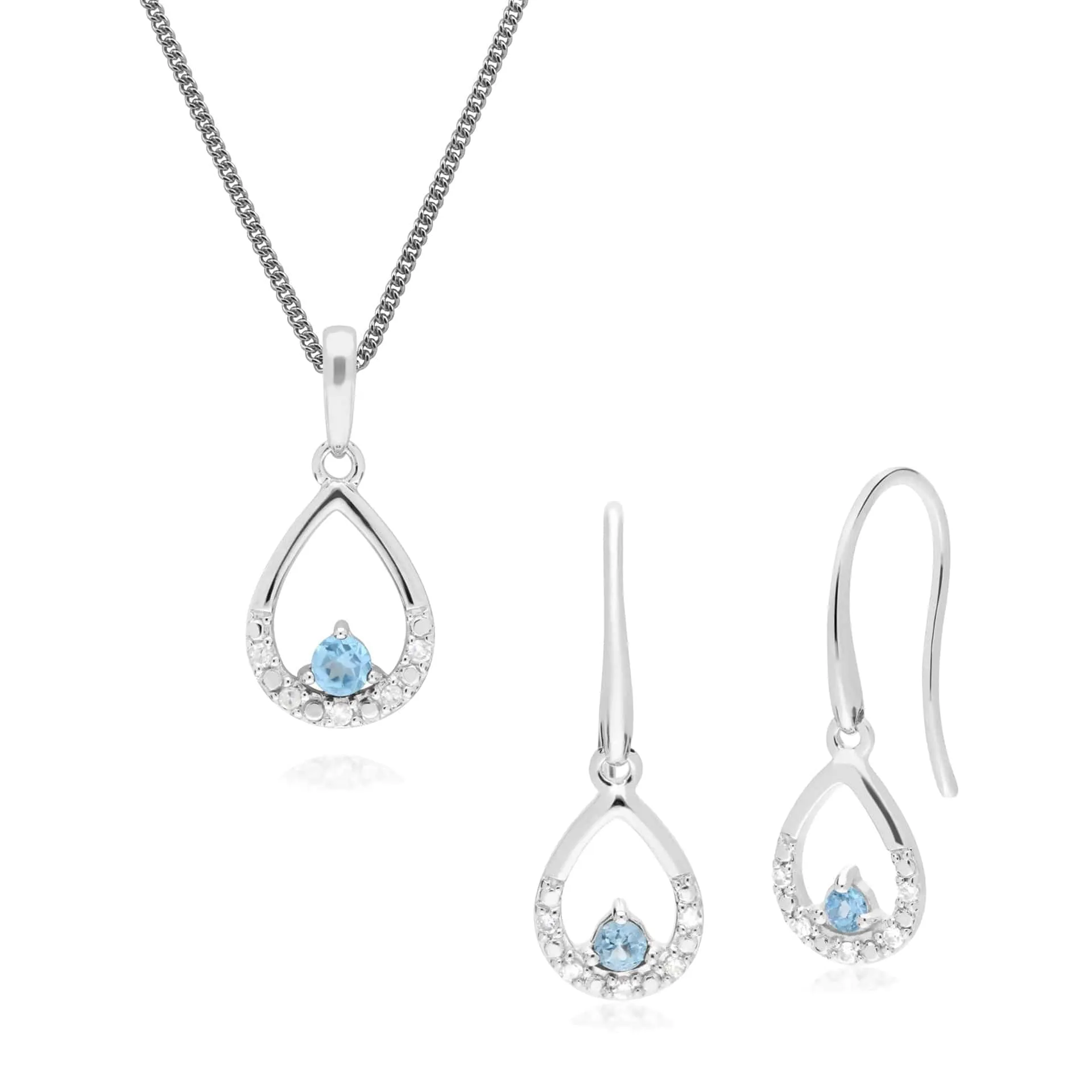 Classic Round Blue Topaz & Diamond Tear Drop Earrings & Pendant Set in 9ct White Gold sold by Gemondo Jewellery