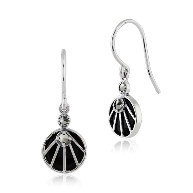 Art Deco Style Black Onyx Cabochon & Marcasite Drop Earrings in 925 Sterling Silver sold by Gemondo Jewellery