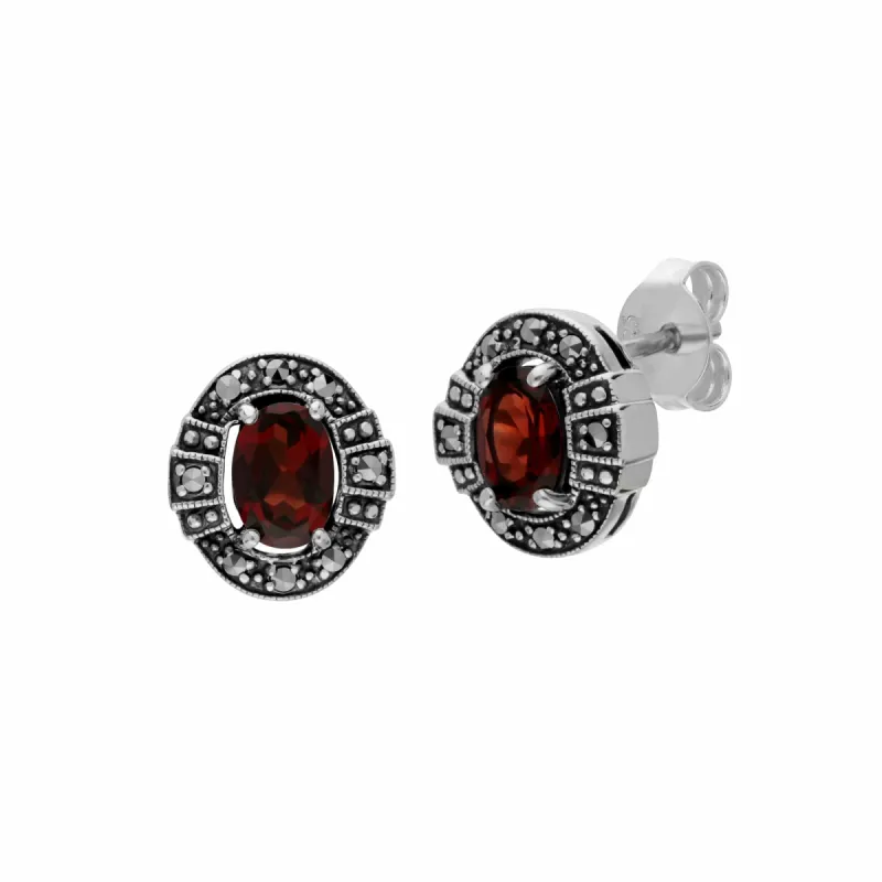 Art Deco Style Oval Garnet & Marcasite Stud Earrings in 925 Sterling Silver sold by Gemondo Jewellery