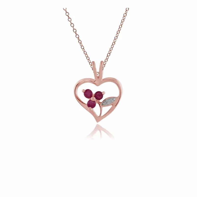 Floral Round Ruby Heart Pendant in Rose Gold Plated 925 Sterling Silver sold by Gemondo Jewellery