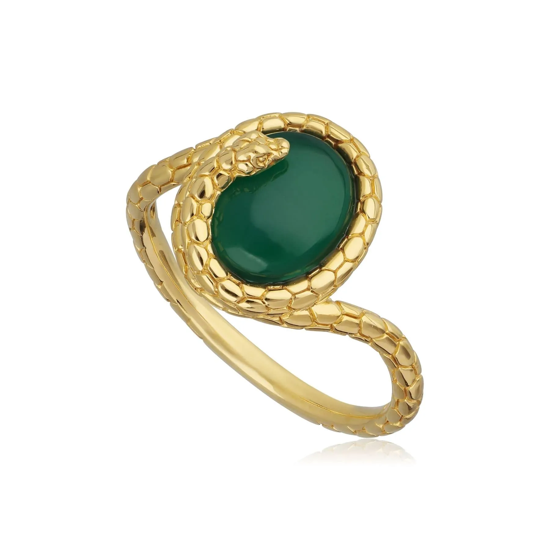 ECFEW™ Dyed Green Chalcedony Winding Snake Ring In Yellow Gold Plated Silver sold by Gemondo Jewellery