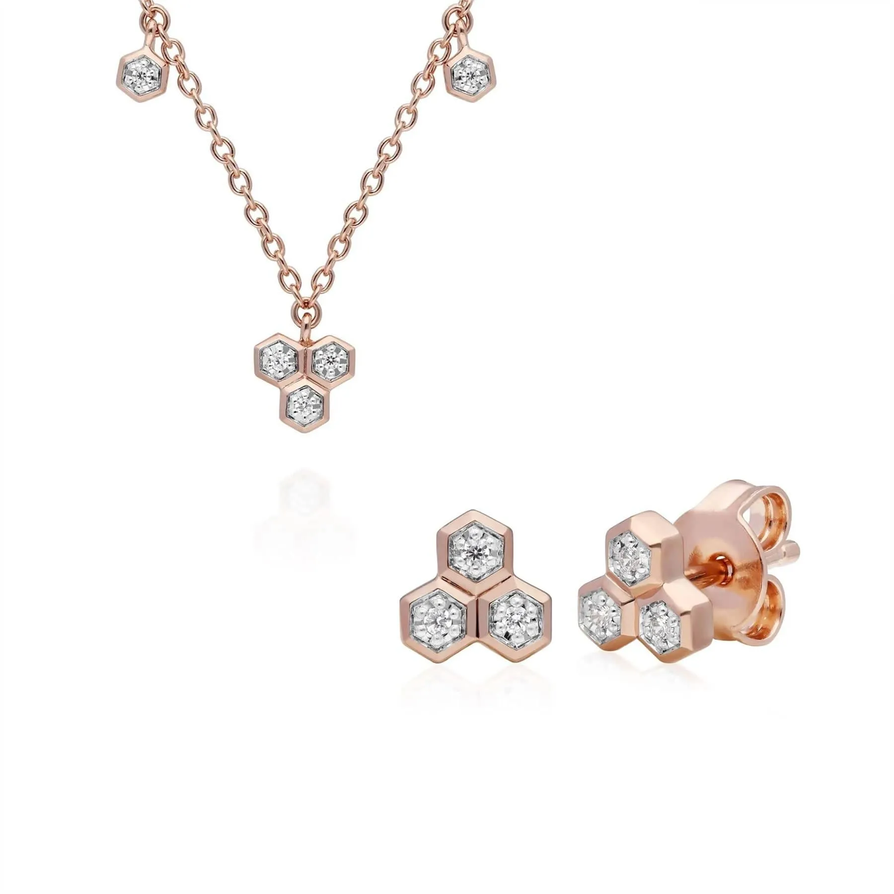 Diamond Trilogy Necklace & Stud Earring Set in 9ct Rose Gold sold by Gemondo Jewellery