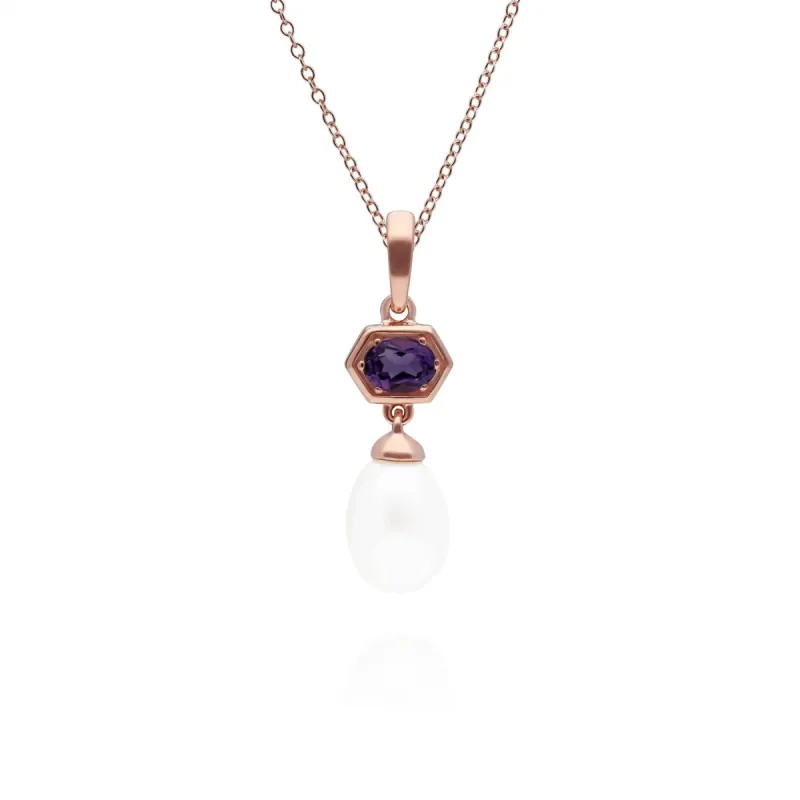 Modern Pearl & Amethyst Hexagon Drop Pendant in Rose Gold Plated Silver sold by Gemondo Jewellery