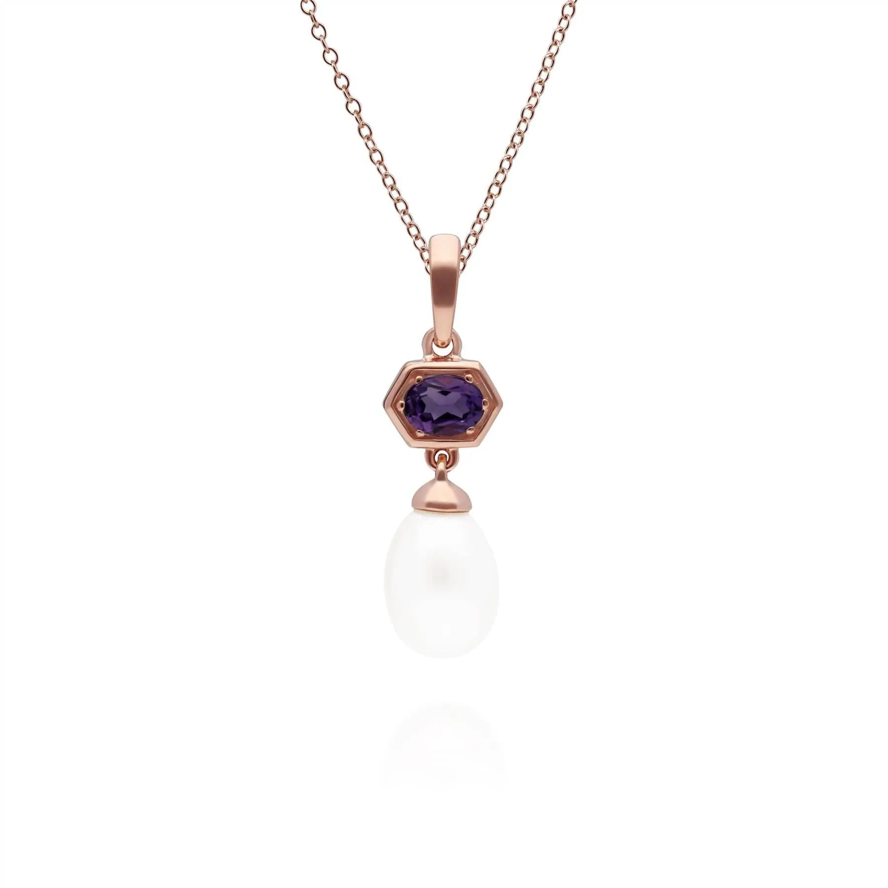 Modern Pearl & Amethyst Hexagon Drop Pendant in Rose Gold Plated Silver sold by Gemondo Jewellery