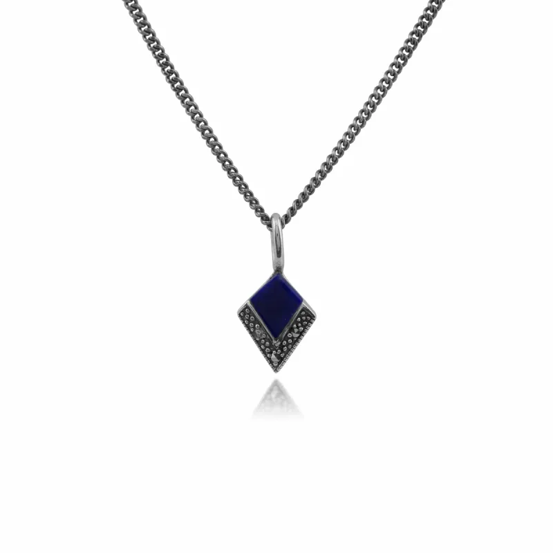 Art Deco Style Lapis Lazuli Cabochon & Marcasite Diamond Shape Pendant in 925 Sterling Silver sold by Gemondo Jewellery