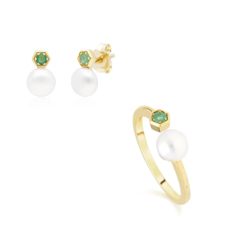 Modern Pearl & Emerald Earring & Ring Set in 9ct Gold sold by Gemondo Jewellery