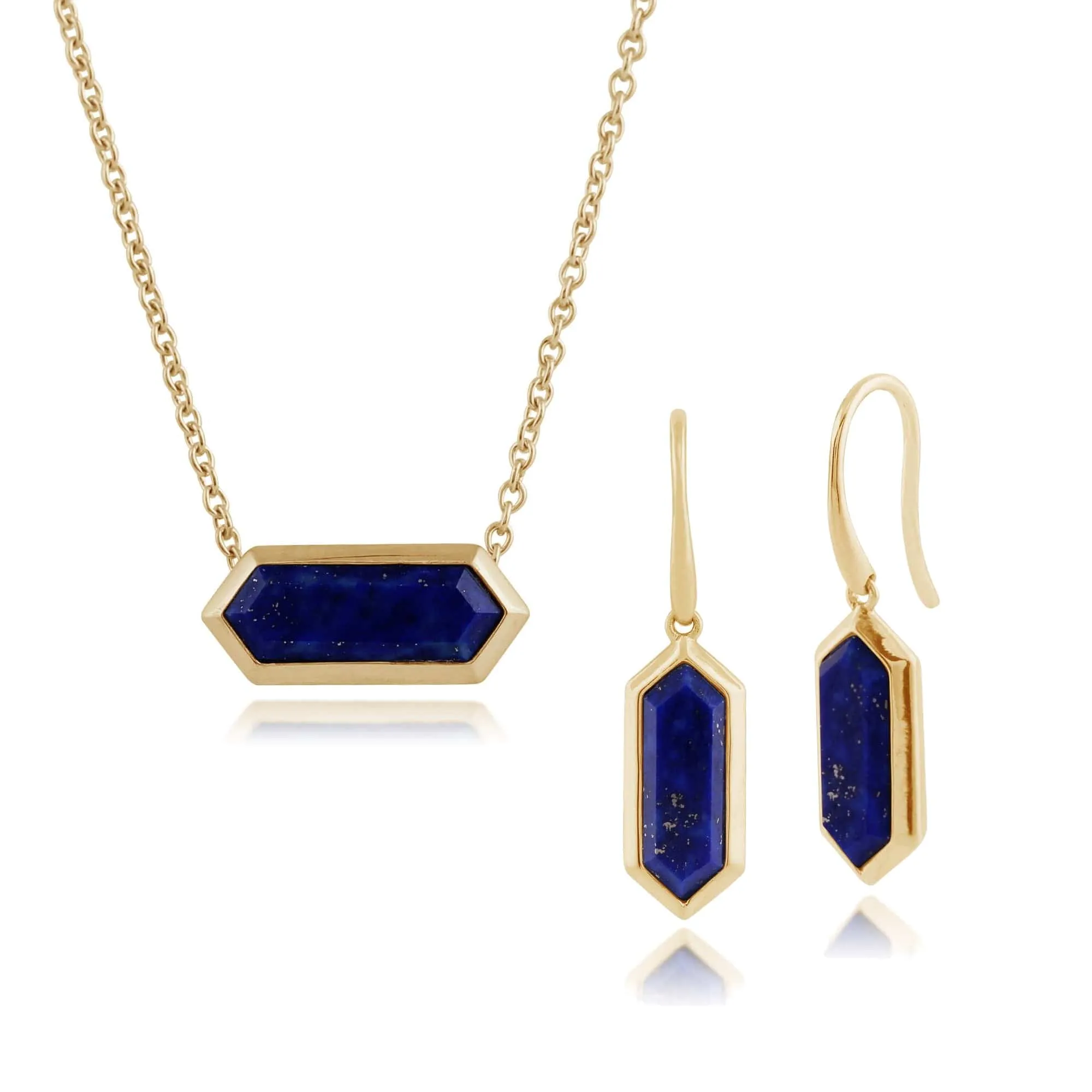 Geometric Hexagon Lapis Lazuli Drop Earrings & Pendant Set in Gold Plated Silver sold by Gemondo Jewellery