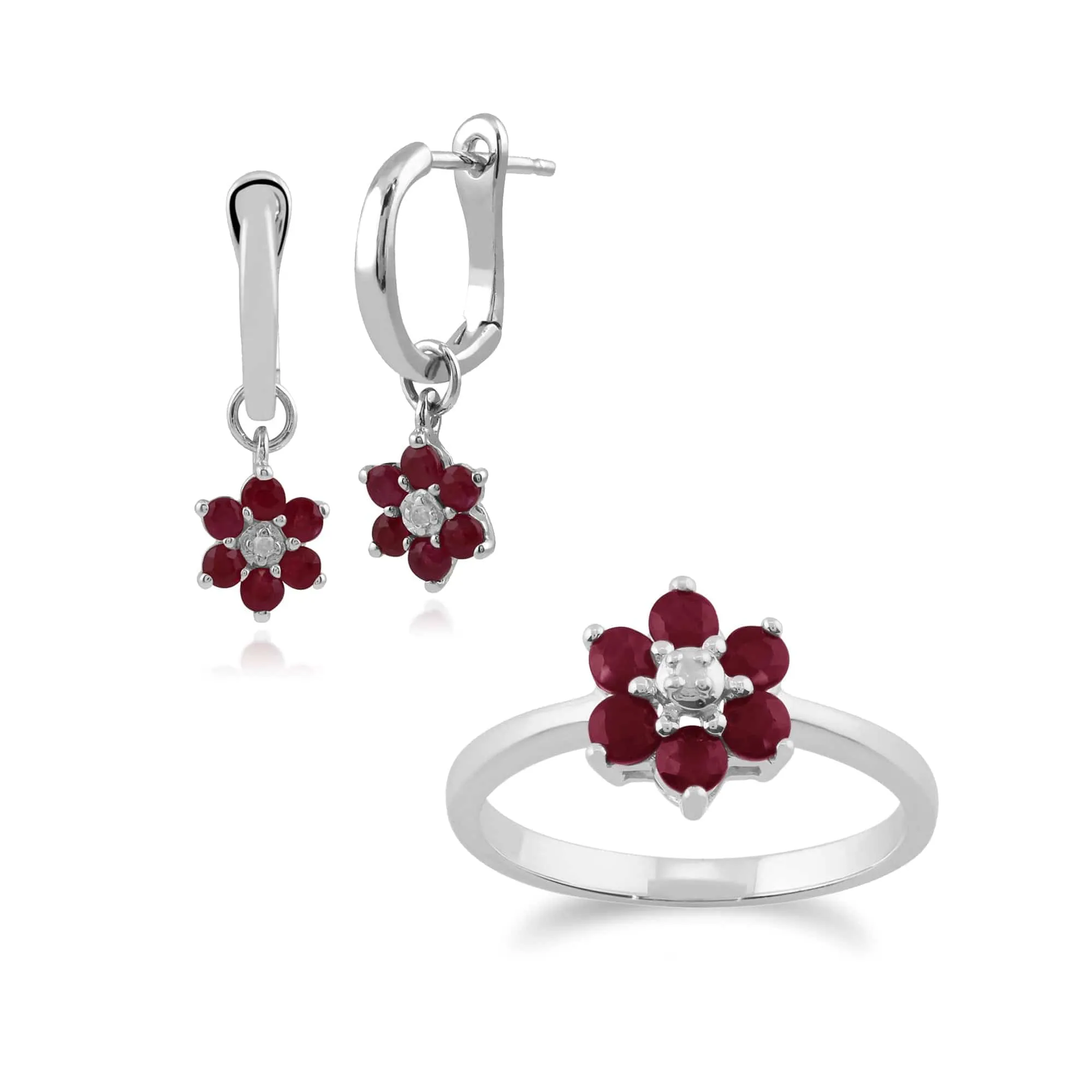 Floral Round Ruby & Diamond Flower Drop Earrings & Ring Set in 9ct White Gold sold by Gemondo Jewellery