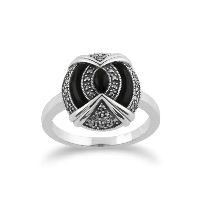 Gemondo 925 Sterling Silver Art Deco Black Onyx & Marcasite Ring sold by Gemondo Jewellery