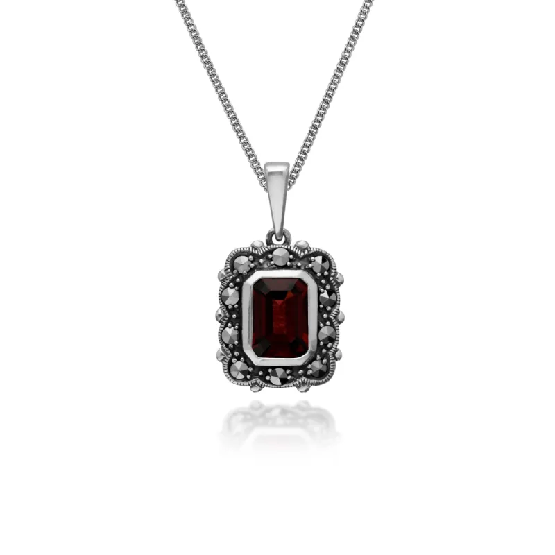 Art Deco Style Octagon Garnet & Marcasite Pendant in 925 Sterling Silver sold by Gemondo Jewellery