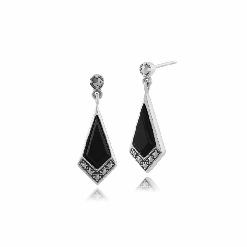 Art Deco Style Black Onyx & Marcasite Kite Drop Earrings in 925 Sterling Silver sold by Gemondo Jewellery