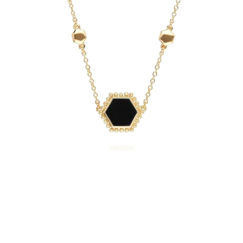 Black Onyx Flat Slice Hex Necklace in Gold Plated Sterling Silver sold by Gemondo Jewellery