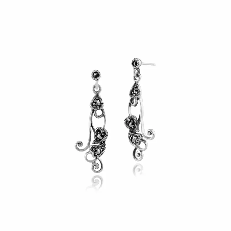 Art Nouveau Style Round Marcasite Drop Earrings in 925 Sterling Silver sold by Gemondo Jewellery
