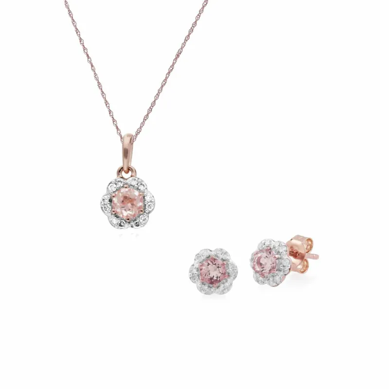 Floral Morganite & Diamond Flower Stud Earrings & Pendant Set in 9ct Rose Gold sold by Gemondo Jewellery