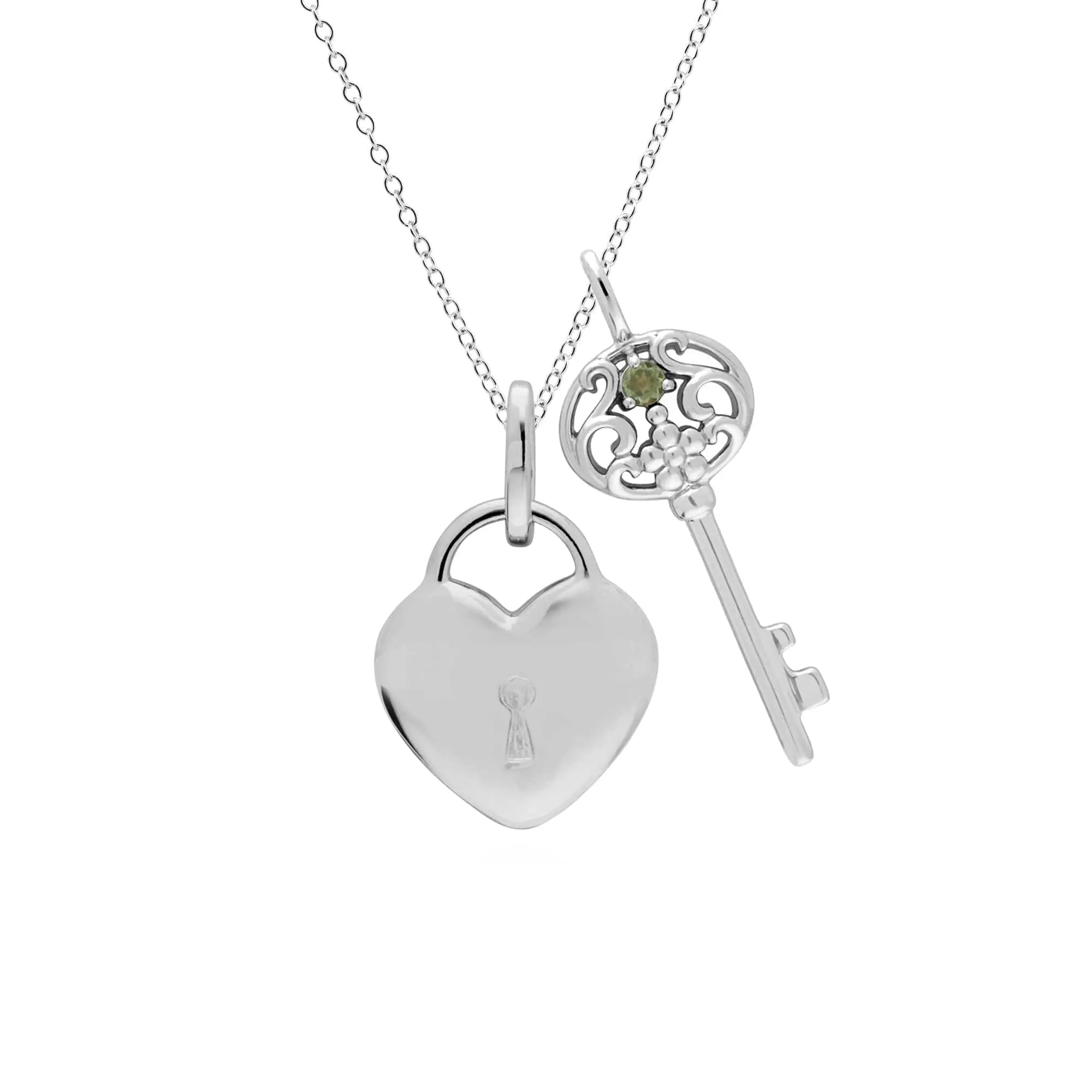 Classic Heart Lock Pendant & Peridot Big Key Charm in 925 Sterling Silver sold by Gemondo Jewellery