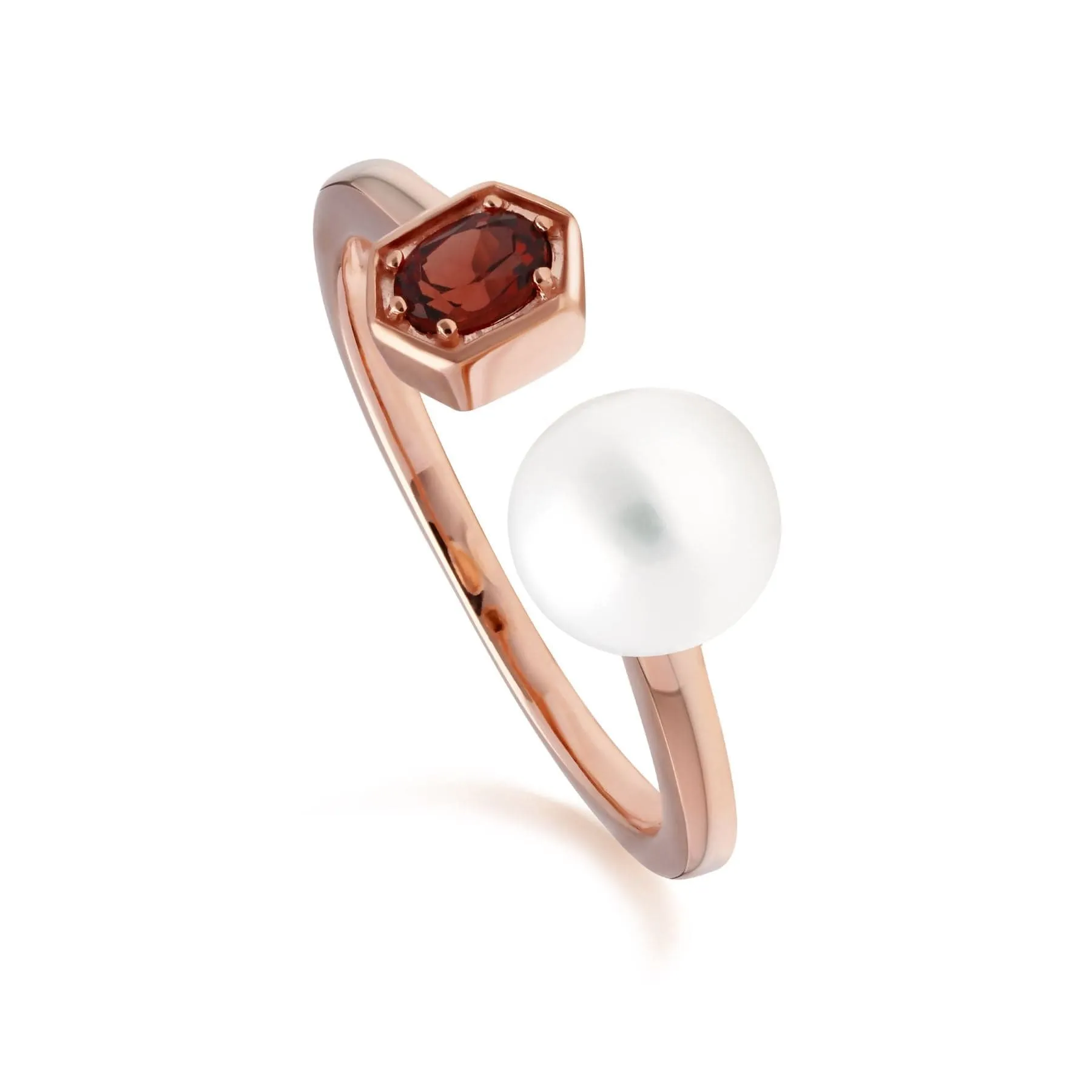 Modern Pearl & Garnet Open Ring in Rose Gold Plated Silver sold by Gemondo Jewellery