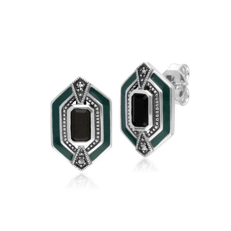 Art Deco Style Octagon Onyx, Marcasite & Enamel Hexagon Stud Earrings in 925 Sterling Silver sold by Gemondo Jewellery