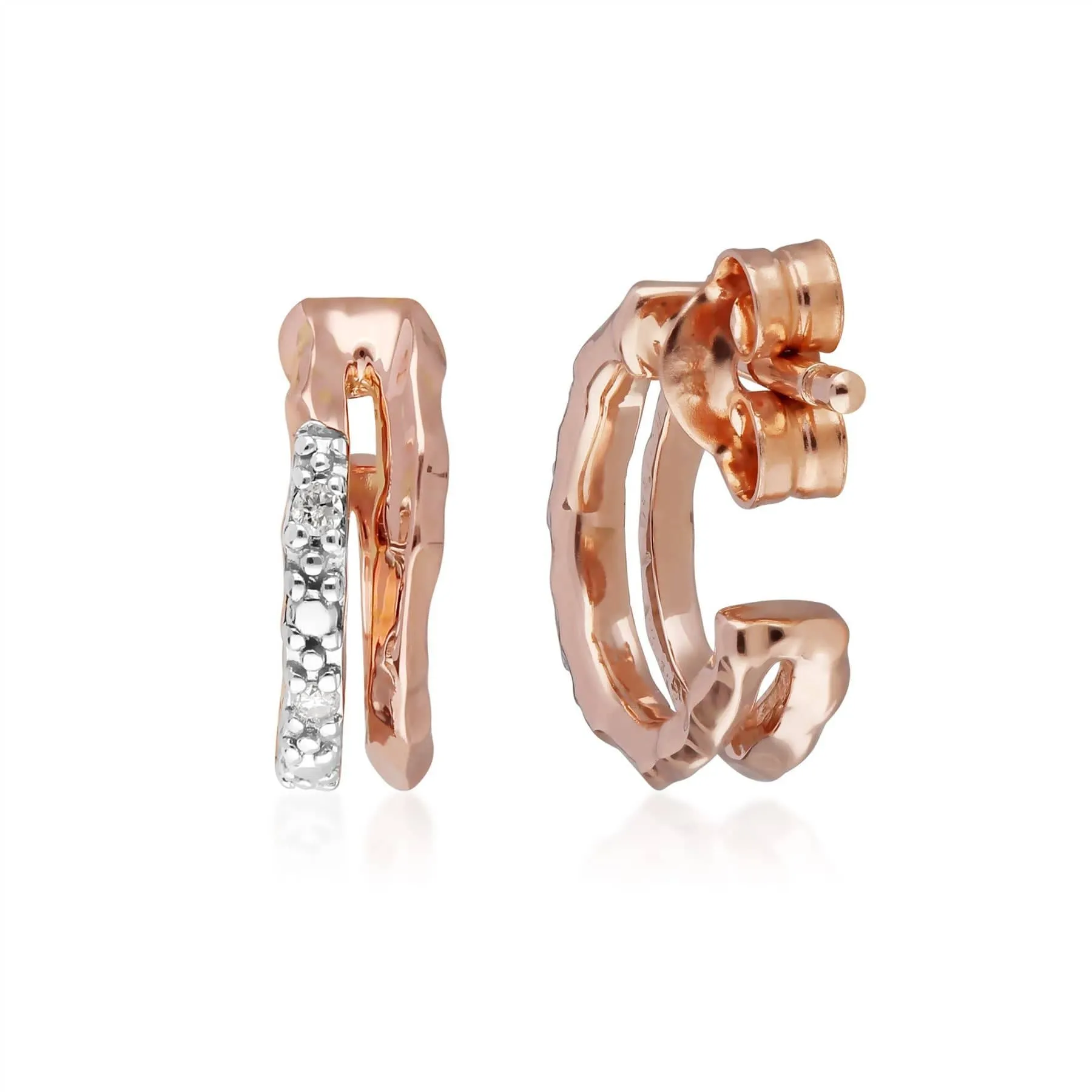 Diamond Pavé Double Hammered Mini Hoop Earrings in 9ct Rose Gold sold by Gemondo Jewellery product image thumbnail 2
