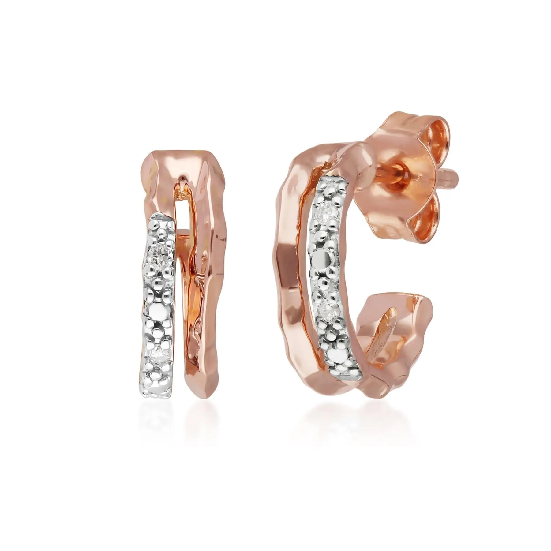 Diamond Pavé Double Hammered Mini Hoop Earrings in 9ct Rose Gold sold by Gemondo Jewellery