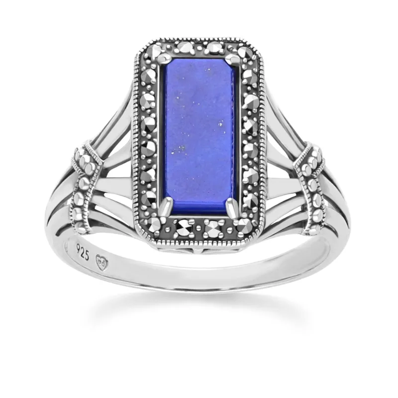 Art Deco Style Octagon Lapis Lazuli and Marcasite Ring in Sterling Silver sold by Gemondo Jewellery