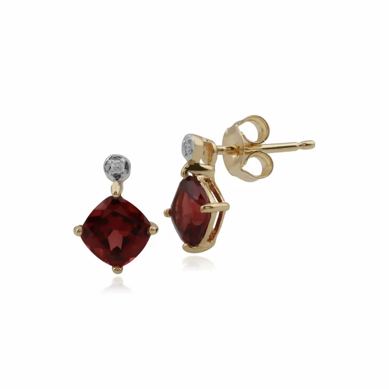 Classic Square Garnet & Diamond Stud Earrings in 9ct Yellow Gold sold by Gemondo Jewellery