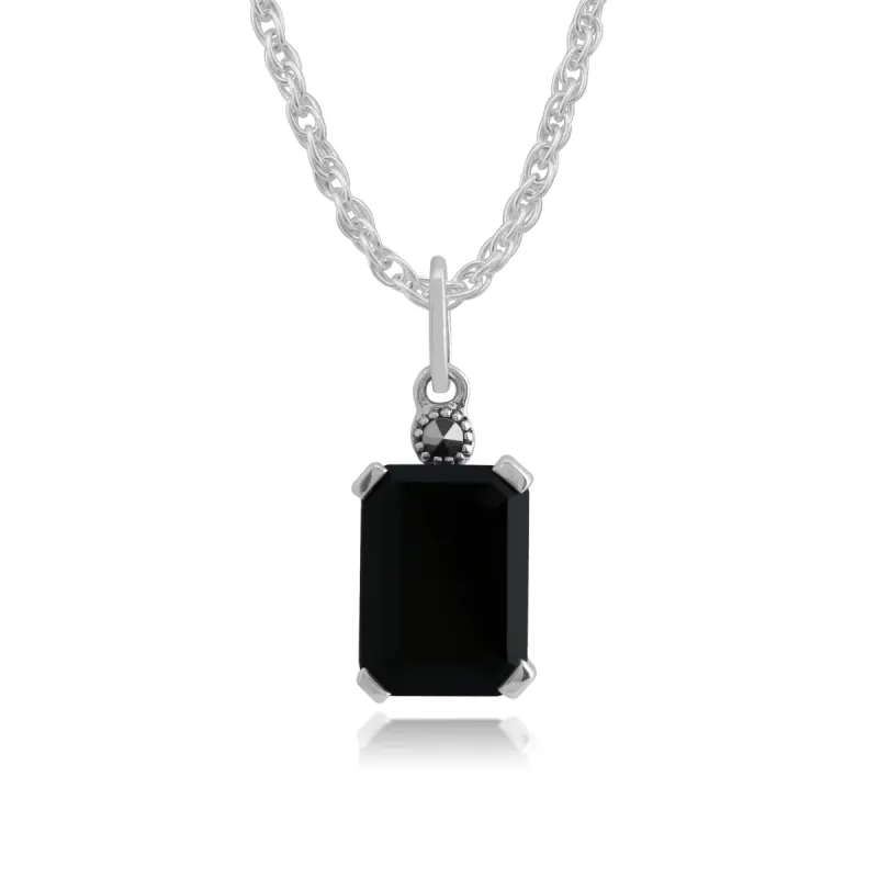 Art Deco Style Octagon Black Onyx & Marcasite Pendant in 925 Sterling Silver sold by Gemondo Jewellery