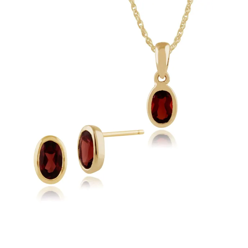 Classic Oval Garnet Single Stone Bezel Stud Earrings & Pendant Set in 9ct Yellow Gold sold by Gemondo Jewellery