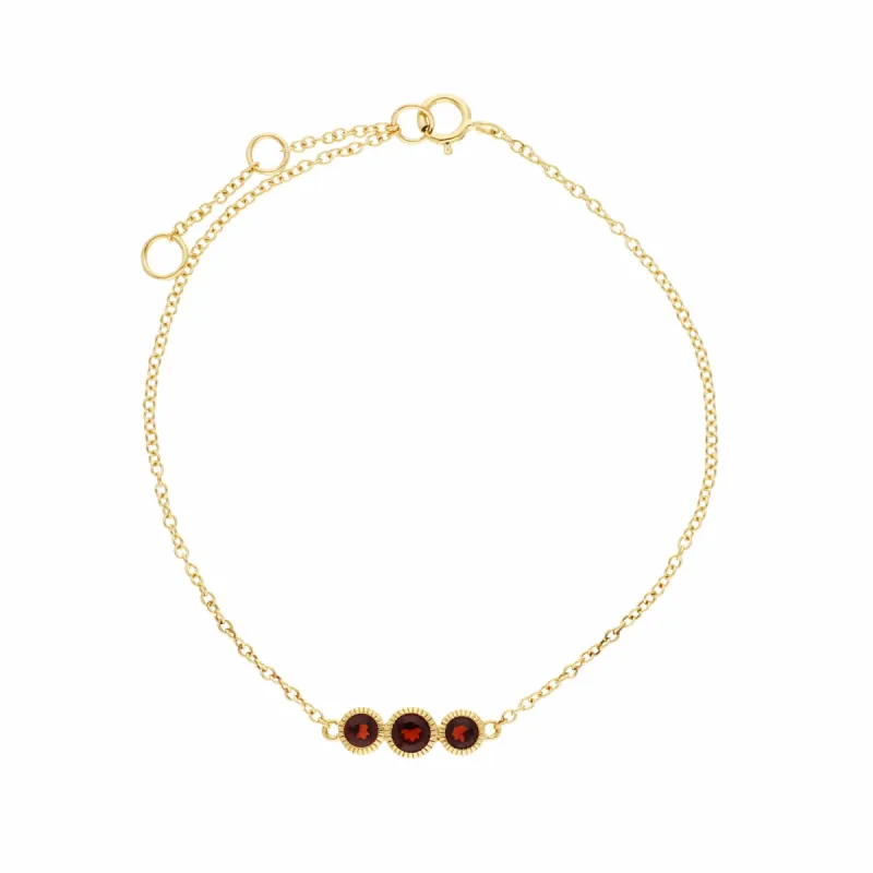 Classic Round Garnet Three Stone Milgrain Bracelet in 9ct Gold sold by Gemondo Jewellery