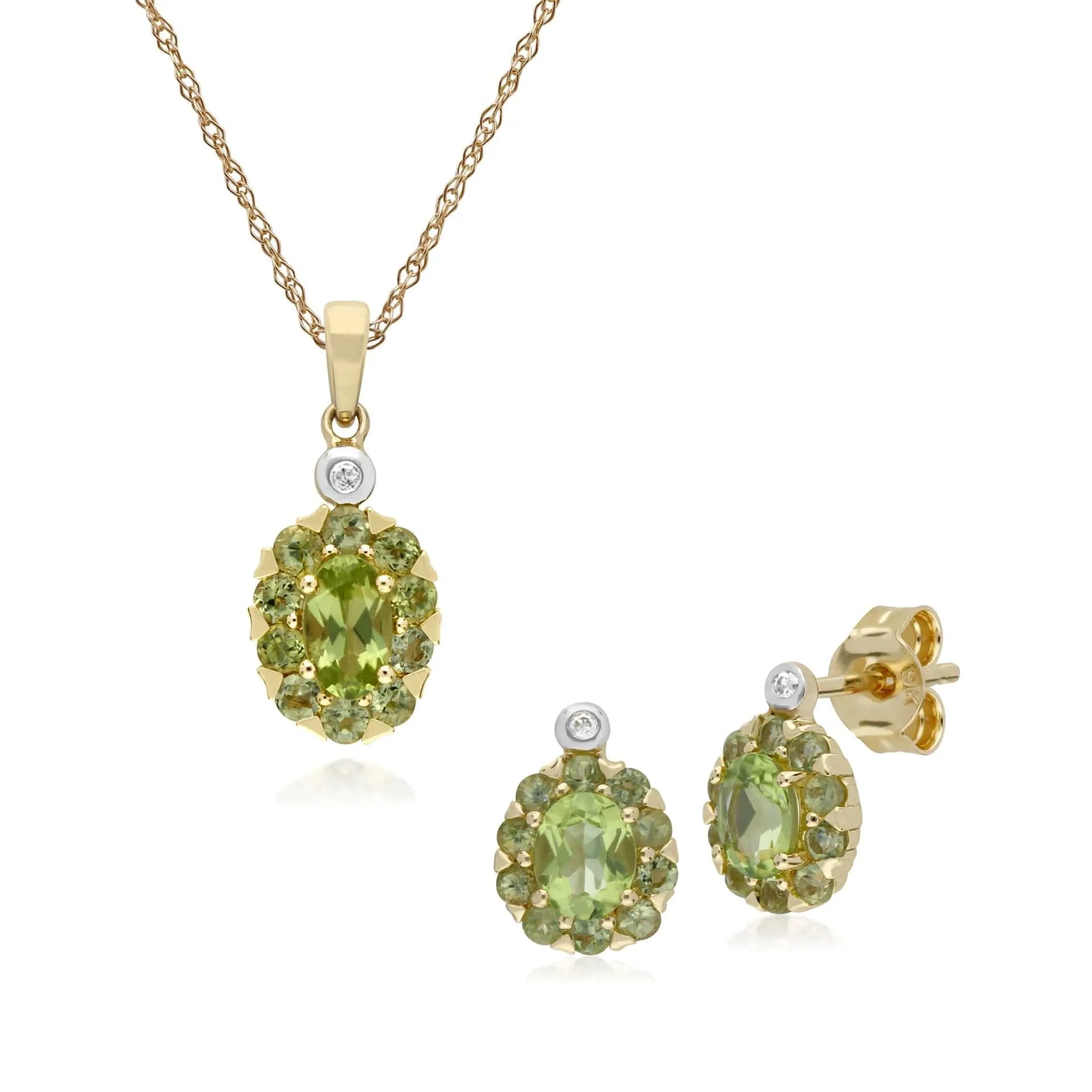 Classic Oval Peridot & Diamond Cluster Stud Earrings & Pendant Set in 9ct Yellow Gold sold by Gemondo Jewellery