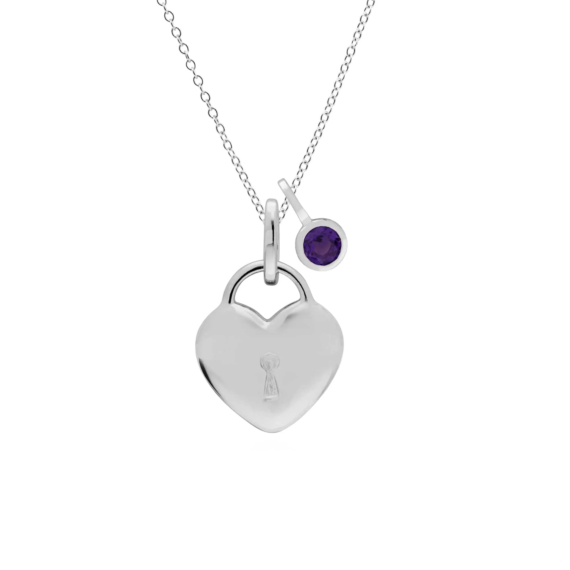 Classic Heart Lock Pendant & Amethyst Charm in 925 Sterling Silver sold by Gemondo Jewellery